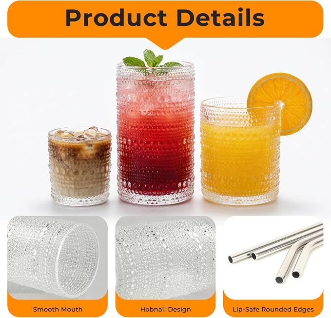 CycleMore 12Pc Vintage Hobnail Drinking Glasses, 12oz 10oz 4oz Clear Cup | Multisize Vintage Hobnail Glasses. Ideal for Juice, Cocktails, Whiskey, Smoothies & Espresso. Dishwasher Safe