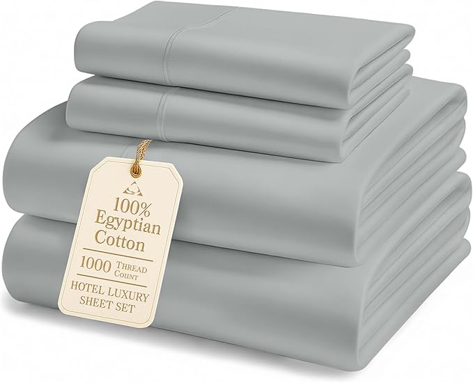 LANE LINEN 100% Egyptian Cotton Bed Sheets California King - 1000 Thread Count, Soft & Comfy Luxury Hotel Like Thick Bedding Sheets & Pillowcase Set, Machine Wash 15" Deep Pocket Sheet Set - Silver