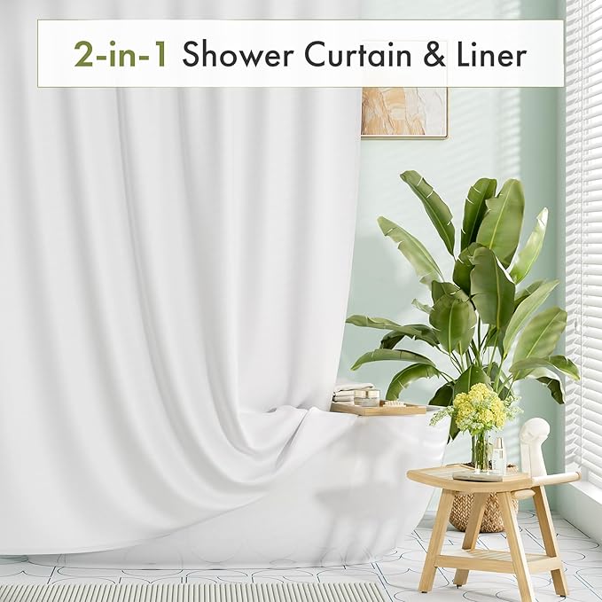 Amazer Extra Long Shower Curtain Liner Washable, 72 x 96 Inches, Fabric White Shower Liner with 2 Bottom Stones, Waterproof 2-in-1 Shower Curtain and Liner, 12 Grommet Holes, Hotel Quality, White