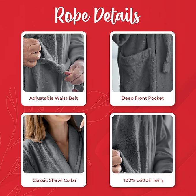 RIVERSIDE Premium 100% Cotton Terry Bathrobe For Women and Men - Soft Towel Robes with Shawl Collar Ajdustable Belt & Pockets