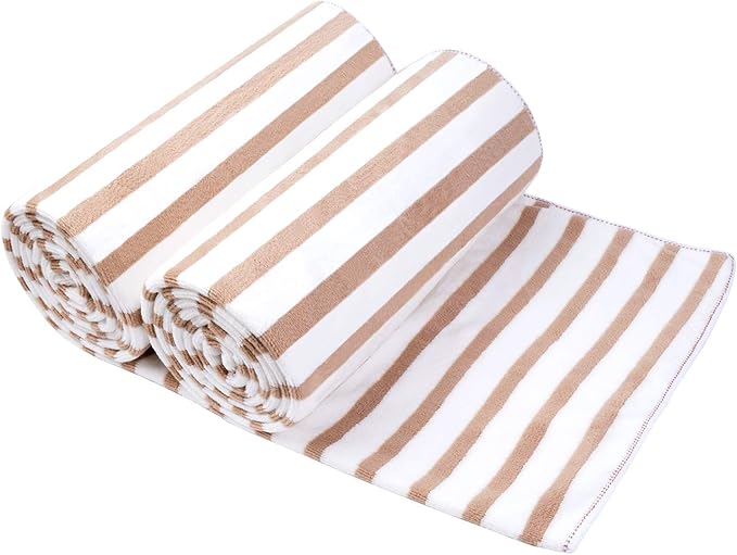 JML Beach Towels Set of 2, 30" x 60", Large Microfiber Bath Towel Cabana Stripe, Quick Drying Absorbent for Sauna, Shower, Gym, Summer Party, Sport, Swimming, Pool, Yoga, Camping, Coffee