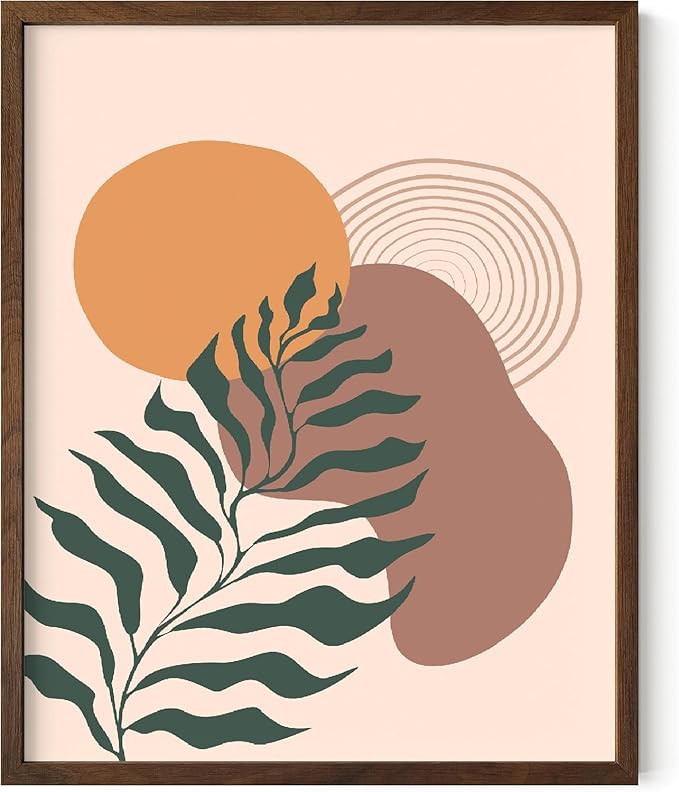 Boho Monstera Leaf Wall Art Abstract Sun Earth Tones Terracotta Mid Century Modern 16x20 Inch Oak Wood Walnut Framed Minimalist Botanical Print for Living Room Office