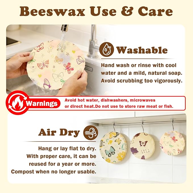 Reusable Beeswax Bowl Covers for Bread Proofing & Food Storage, Eco-Friendly Organic Cotton & Natural Wax & Resin, for Baking, Picnic, Pet Food, Sustainable Kitchen (Butterfly001, 2*12''+2*10''+2*8'')