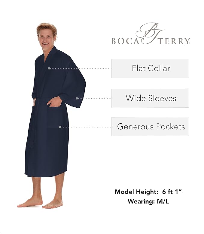 Men's Waffle Robe by BOCA TERRY, Waffle Knit Spa Robe, Long Lightweight Cotton Kimono Hotel Bathrobe