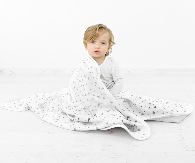 Woolino Toddler Blanket - Merino Wool and Organic Cotton Baby Blanket for Girls and Boys - 4 Season - 52.5” x 40” - Stars Gray