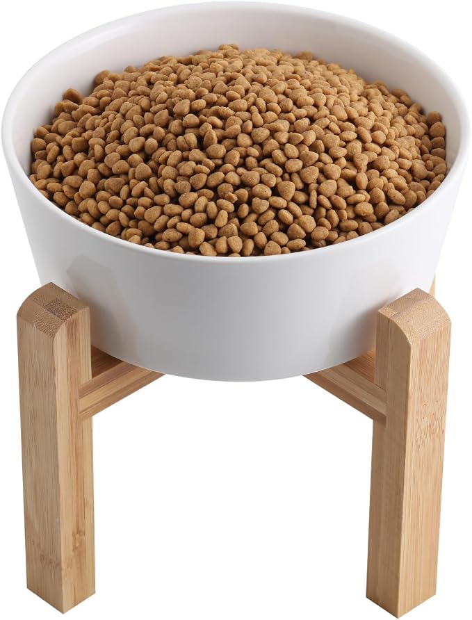 White Elevated/Raised Dog Bowl Ceramic with Wood Stand for Medium Large Breed,Dog Food Water Dish Heavy Wighted,8 in Non Slip Modern Cute Porcelain Pet Bowl Extra Large Wide Mouth