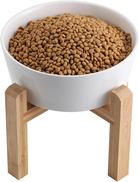 White Elevated/Raised Dog Bowl Ceramic with Wood Stand for Medium Large Breed,Dog Food Water Dish Heavy Wighted,8 in Non Slip Modern Cute Porcelain Pet Bowl Extra Large Wide Mouth