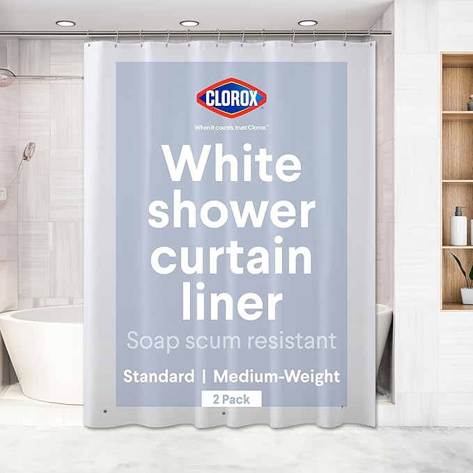 Clorox Shower Curtain Liner, Premium Lightweight Flexible Waterproof 6g PEVA for Bathroom with Weighted Magnets, Standard Size 72" x 72", White 2 Pack