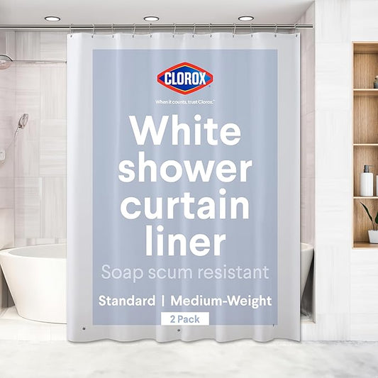 Clorox Shower Curtain Liner, Premium Lightweight Flexible Waterproof 6g PEVA for Bathroom with Weighted Magnets, Standard Size 72" x 72", White 2 Pack