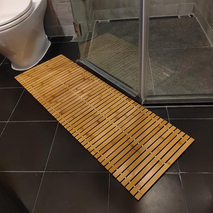 HJJKKH Bath Mat, Wooden Bathroom Mat Rayon Made from Bamboo 47.3"x15.7", Rollable Non-Slip Floor Mat, Wooden Shower Mat for Bathroom, Bathtub, Spa, Sauna, Hot Tub & Outdoor Use