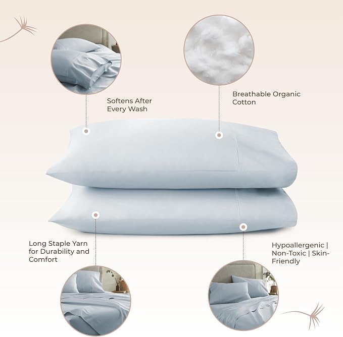 100% Organic Cotton Pillow Cases Queen Size Set of 2 - 100% Cotton Pillowcases GOTS Certified 300 Thread Count - Naturally Cooling Comfortable Breathable & Soft Pillow Cases (Powder Blue, Queen)