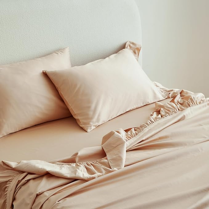 Simple&Opulence 100% Organic Cotton Sheet Set, Long Ruffle Bed Sheets (1 Flat Sheet, 1 Fitted Sheet and 2 Pillowcases) Elegant Shabby Chic Bedding Farmhouse Charming Vintage - Sand, Queen