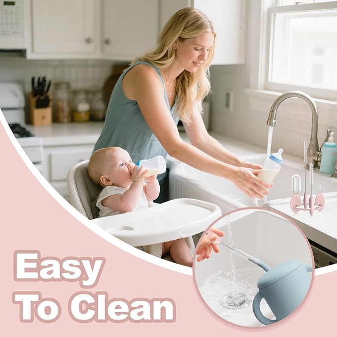 YOTIME 4 in 1 Straw Cleaner Brush Set, Reusable Standing Straw Brushes with Holder Ring, for Baby Bottles, Sippy Cups and Lids, Pink