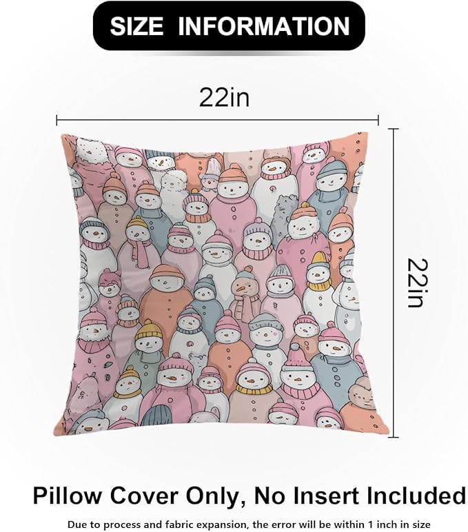 Shrahala Cute Snowmen Winter Accessories Decorative Throw Pillow Cover, Doodle Pastel Snowmen Square Pillowcase Blended Double-Sided No Inserts for Bedroom Living Room Set of 2 (22 x 22 in)