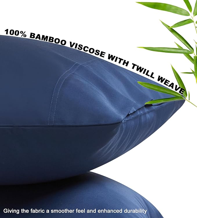 100% Rayon Derived from Bamboo Pillowcases Standard Size 2 Piece, Soft Smooth Breathable Pillow Cases, Navy 20x26 Inches
