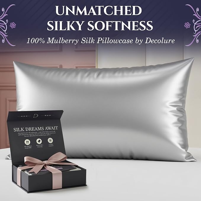 DECOLURE 100% Pure Mulberry Silk Pillow Case Queen Size – Highest Grade 30 Momme 6A+, Luxuriously Soft & Cooling Silk Pillowcase for Hair & Skin, Hypoallergenic, Breathable, Hidden Zipper (Silver)