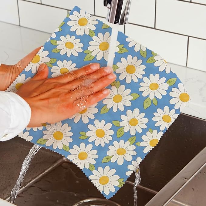 Reusable Beeswax Wraps, 9 Pack Eco-Friendly Food Storage, Organic, Sustainable, Zero Waste, Plastic-Free, Sandwich, Bread, Bowl Cover, 1XL, 3M, 5S, Blue Green Yellow Daisy Pattern
