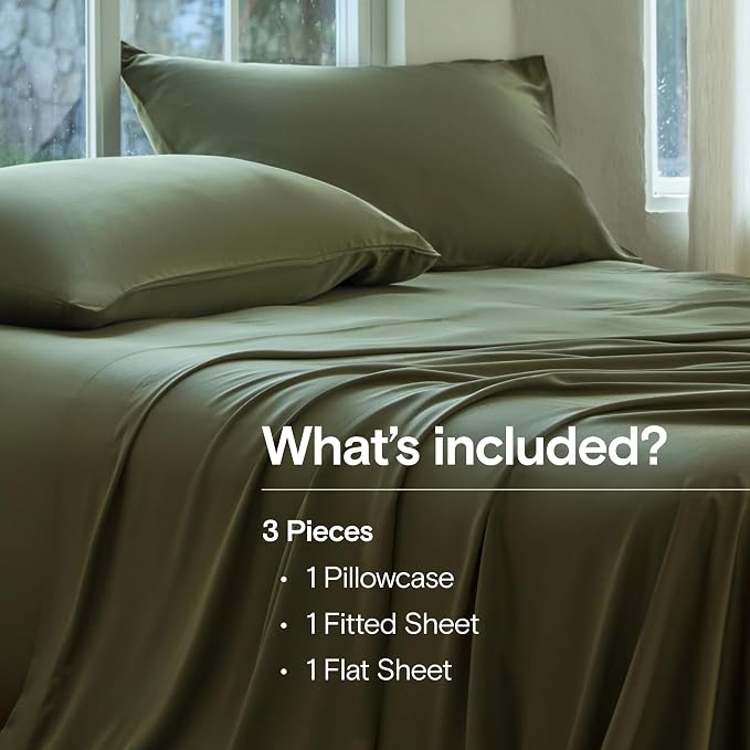 DOZ Sheet Set, 100% Viscose derived from Bamboo, Organically Grown, Buttery Soft, Cooling Sheets, High GSM, Deep Pockets - 3 Piece - 1 Pillowcase 1 Fitted 1 Top Sheet (Olive, Twin)