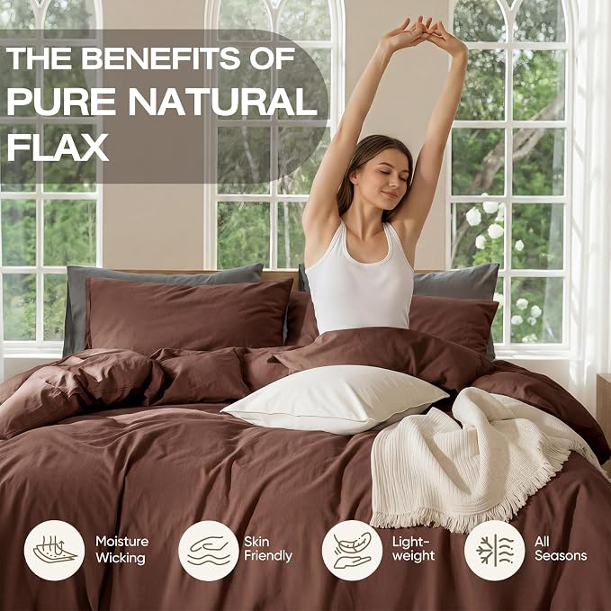 100% Pure French Flax Linen Blend Duvet Cover Set Queen Size, 3-Piece Breathable Bedding Set with Long Zipper Closure & Corner Ties, Soft, Lightweight & Durable Bedding Ideal for Hot Sleepers