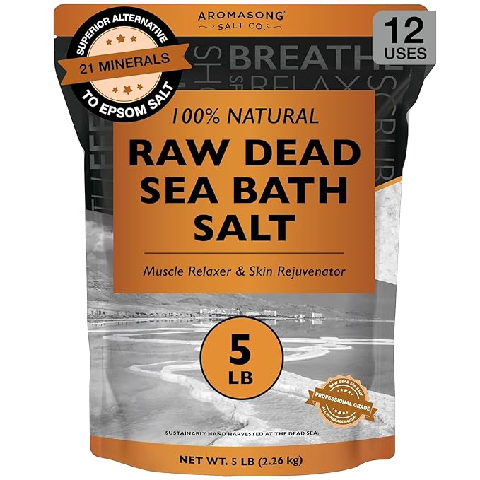 Aromasong RAW Natural Dead Sea Salt (5 LB.) with RAW Dead Sea Salt Infused with Natural Lavender Essential Oil (2.43 lb.) - Bath Soak for Women & Men with Tired Muscles & Skin Issues.
