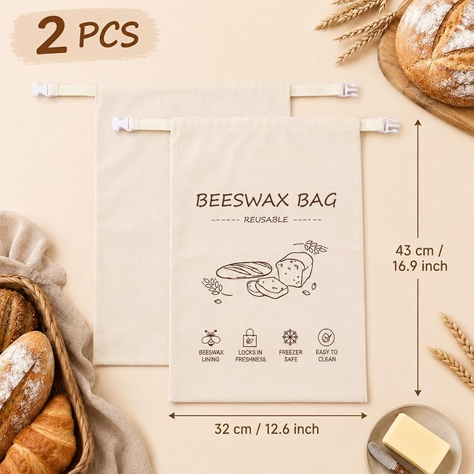 2 Packs Reusable Beeswax Bread Bags 13x17 Inch | Keep Bread Fresh for Days Moisture Lock Linen Food Storage for Homemade Sourdough Bread