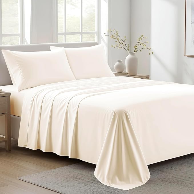 100% Organic Cotton Sheets King Size - Organic Cotton King Size Percale Weave Sheet Set (4 PC, Ivory), Soft, Cooling, Crisp & Breathable, 16" Deep Pocket Hotel Quality Bedding Set