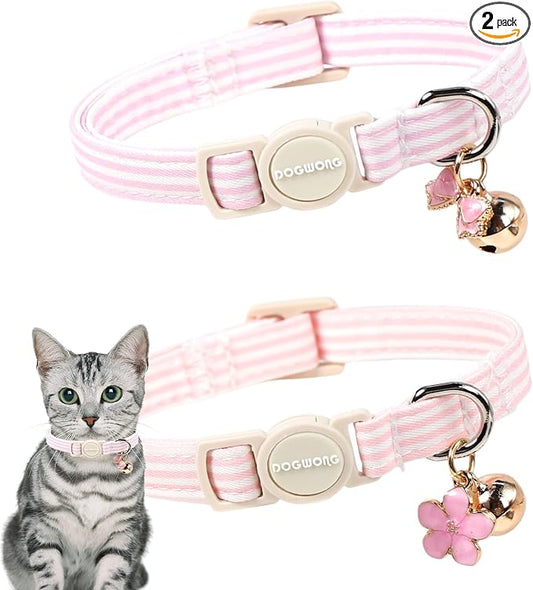 2 Pack Pink Purple Cat Collars Breakaway with Bell, DOGWONG Safety Buckle Cat Collar for Girl Boy Cats and Small Dogs，Adjustable 7-12 Inch,Pet Supplies Accessories