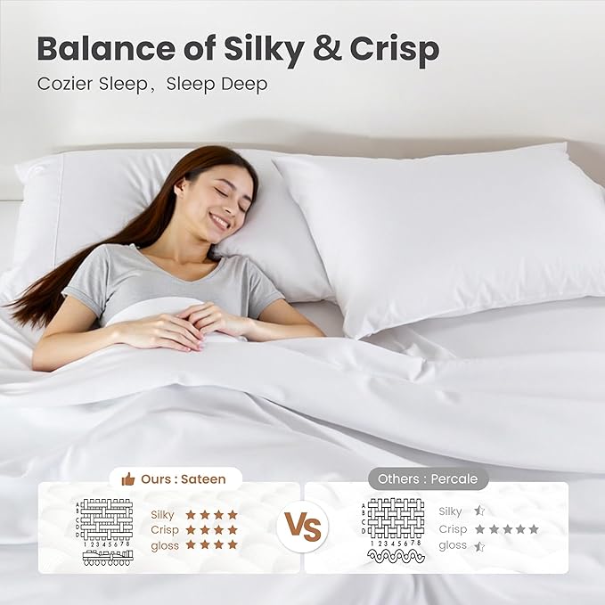 Sophia & William 1000 Thread Count Egyptian Cotton Sheets California King, 100 Percent Cotton Sheets Sateen Weave, 16" Deep Pockets, All-Season 4 Piece Silky Sheet - White