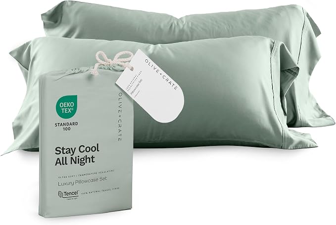 Olive + Crate Tencel Eucalyptus Pillowcases - 100% Tencel Lyocell Cooling Pillow Cases for Hot Sleepers - Hypoallergenic, Moisture-Wicking, Silk Alternative, Vegan - Queen Size Set of 2 [Spring Sage]