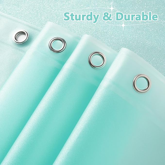 Seenus Waterproof Plastic Glitter Shower Curtain Teal, Sparkle PEVA Shower Curtain Liner with 3 Large Magnets, 72 x 72 inch Aqua Green Cute Bathroom Shimmer Shower Curtain Lightweight