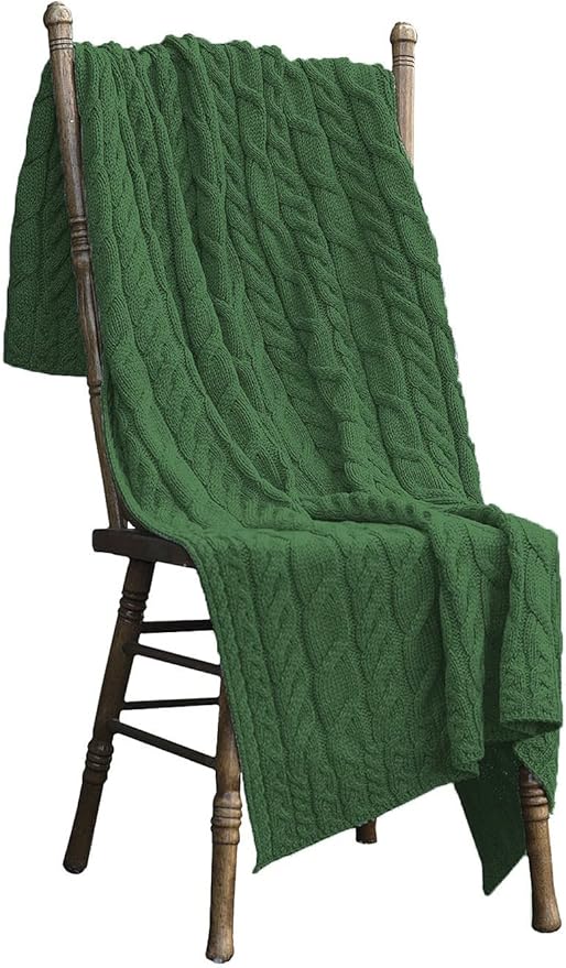 Aran Woollen Mills Irish Cable Knit Blanket Supersoft Merino Wool Throw Made in Ireland 40'' x 60'' (Meadow Green)