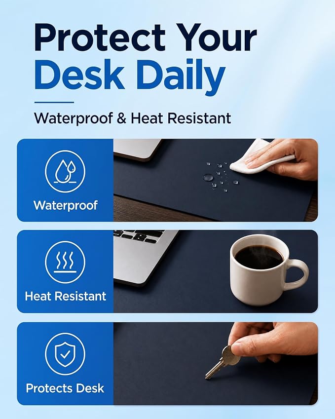 Aothia Dual-Sided Desk Mat, FSC Cork & PU Leather Desk Pad, Large Mouse Pad & Writing Surface for Compact Workspace, Non-Slip Waterproof Desk Protector - 25.6" x 13.7", Dark Blue