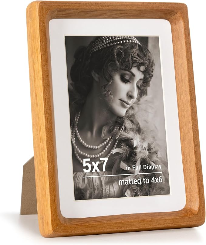 Fun Memories 5x7 Picture Frame, USA-Sourced Teak Wood Photo Frames with HD Tempered Glass, Handcrafted Rounded Corner 5 x 7 Wooden Frames Matted to 4x6 Photos, 5x7 Frame, Tabletop or Wall Display