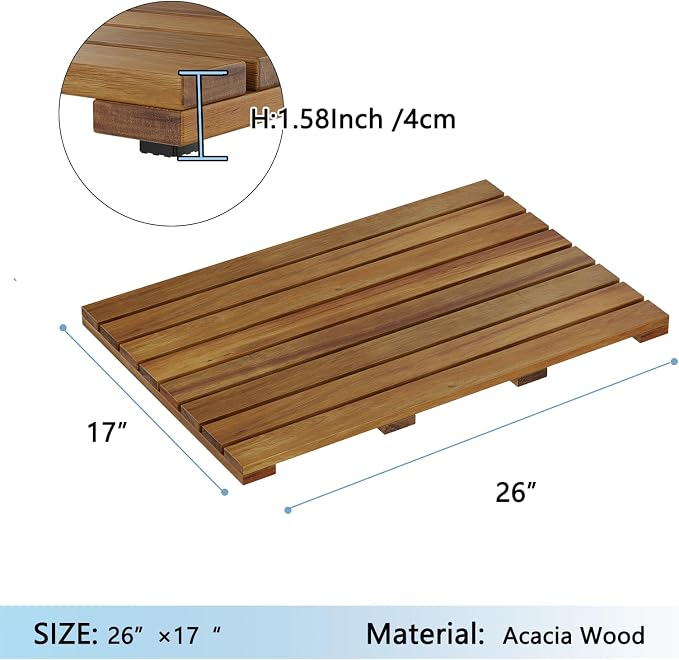 Solid Acacia Wood Shower Mat, Non Slip Bathroom Mat (26“×17", Large) Sturdy Floor Mat for Spa Home or Outdoor Shower, Easy to Clean, Quick Drying
