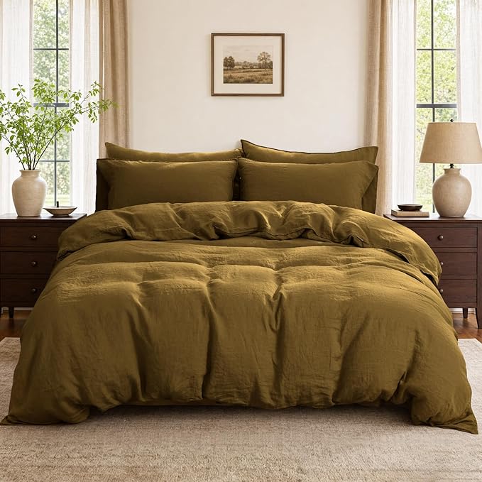 S VICTORY SYMBOL Pure Linen Duvet Cover Set 3pcs,Natural French Washed Flax Solid Color Soft Breathable(1 Duvet Cover and 2 Pillowcases) with Coconut Buttons Closure(Full,Ecru Olive)
