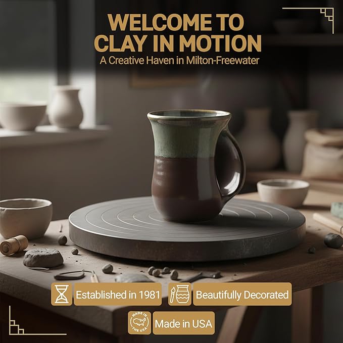 Clay in Motion Hand Warmer Coffee Mug – Handmade Coffee Mug With Comfortable Handle Contoured Pocket Hand Warming Ceramic Coffee Mug – Proudly Made in USA – Right Handed – 14 Oz - Mocha