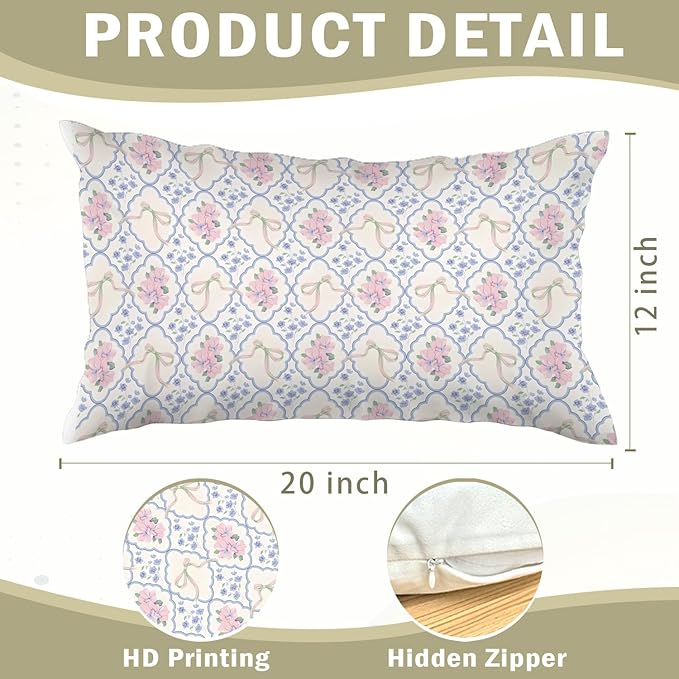 Grandmillennial Pink and Blue Floral 12x20 Pillow Cover,Coquette Bow Grandmillennial Flower Room Decor,Chinoiserie Floral Decorative Lumbar Pillow Covers for Girls Dorm Bedroom Living Room Home