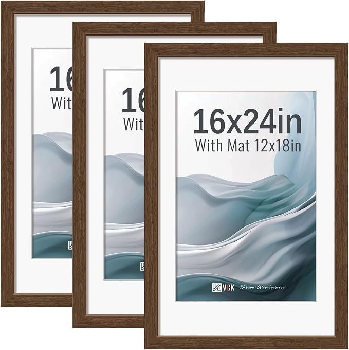 VCK 16x24 Picture Frames Brown 3 Pack, Wide Border Wood, Display 12x18 Photo with Mat or 16 x 24 without, for Home, Office, Gallery, Woodgrain Series, Wall Hanging