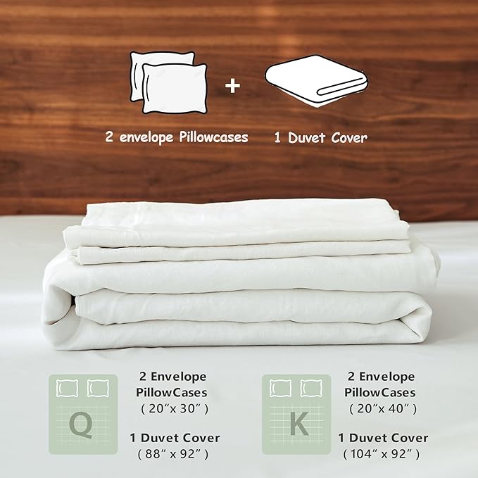 100% Linen Duvet Cover Set, 3 PCS Natural French Flax White Duvet Cover King Size, Breathable Soft Comfy Linen Bedding Comforter Cover with 2 Pillowcases(White, 104" x 92")