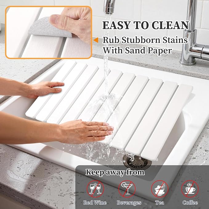 Diatomaceous Stone Drying Mat for Kitchen Counter with Sink Faucet Mat, White Absorbent Quick Dry Dish Drying Mat Set, Diatomite Stone Slat Countertop Pad for Dishes, Cups