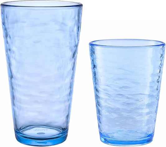 KLIFA- RIPPLE- 16 & 22.5 ounce, Set of 8, Acrylic Tumbler & Highball Drinking Glasses Cups, BPA-Free, Stackable Plastic Drinkware, Dishwasher Safe, Ocean Blue