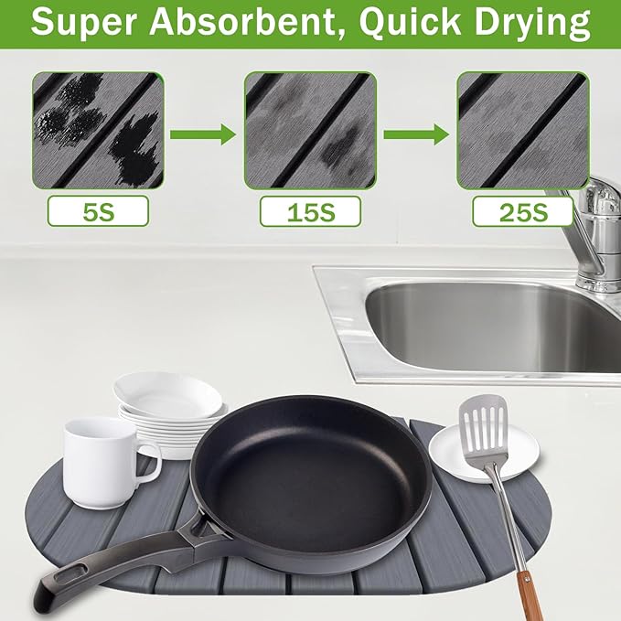 Diatomaceous Earth Dish Drying Mat - Large Quick Drying Stone Mat for Kitchen Counter & Sink, 23.2"x15.4" Absorbent Non-Slip Drying Pad for Dishes, Fast Drain Gray Diatomite Tray with Rounded Corners