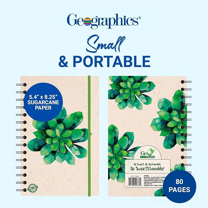 Geographics Eco Journal 5.4" x 8.25", Tree-Free Spiral Notebook with 70 gsm Sugar Cane Paper, Daily Nature Journal with Double-Wire Binding & Elastic Band, 80 Sheets, Succulent