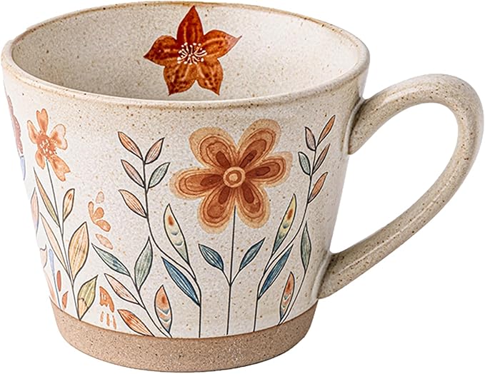 15oz Vintage Floral Ceramic Coffee Mug, Hand-Painted Lead-Free Tea Cup with Comfort Handle, Microwave & Dishwasher Safe for Home Office & Gift for Women (Orange Floral, 15, ounces)