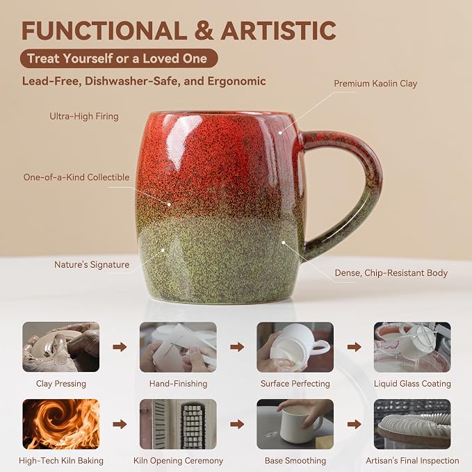 Handmade 22oz Ceramic Coffee Mug, Ergonomic Large Handle, Ideal Gift for Coffee Lovers, Microwave & Dishwasher Safe (Minute-Red&Green)