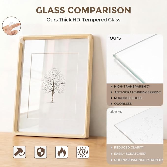 8.5 by 11 Picture Frame, USA-Sourced Maple Wood Photo Frames with HD Tempered Glass, Handcrafted Rounded Corner 8.5 x 11 Wooden Frames Matted to 6x8 Photos, 8.5x11 Frame, Tabletop or Wall Display