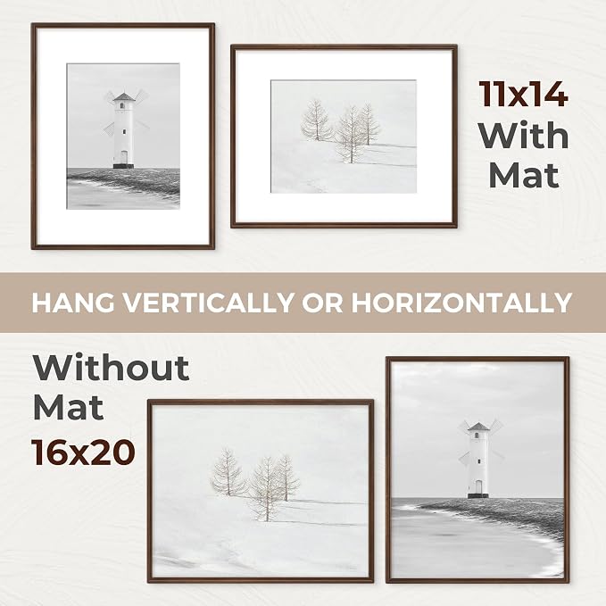 16x20 Picture Frame with Mat for 11x14, USA-Sourced Walnut Wood Handcrafted Rounded Corner with HD Tempered Glass, 16 x 20 Photo Frames Gallery Wall & Tabletop, Vertically or Horizontally, 2 Pack
