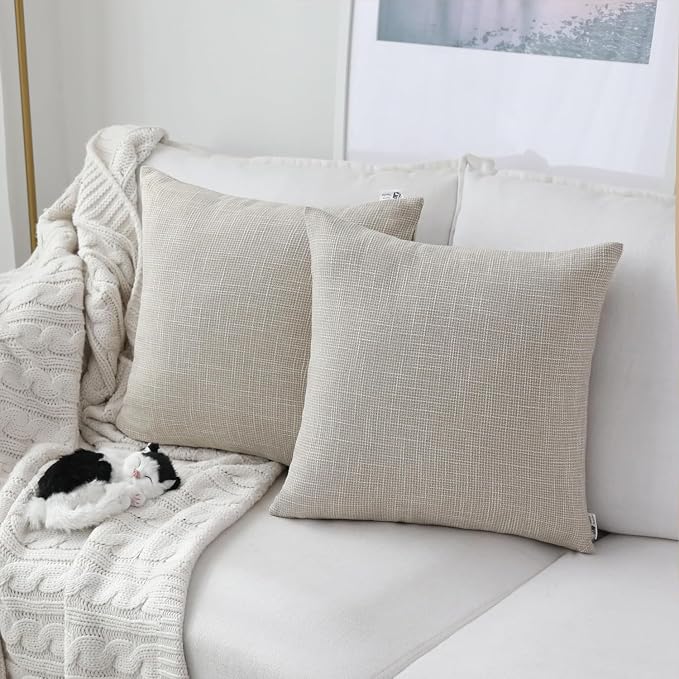 Pack of 2, Kevin Textile Decorative 2 Tone Linen Pillow Covers Farmhouse Boho Decor Cushion Covers for Chair/Sofa/Bed/Car, 18 x 18 Inches, Light Beige