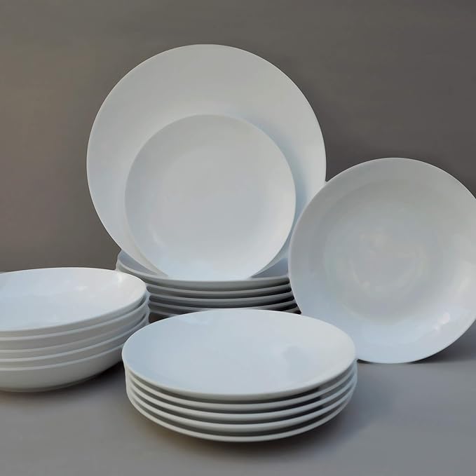 Euro Ceramica Bianco & Bara 24 Piece Dinnerware Set (Combination Pack) Set Includes 6 Bara Recycled Glass 14oz Tumblers + Bianco 18 Pieces Dishware, Standard
