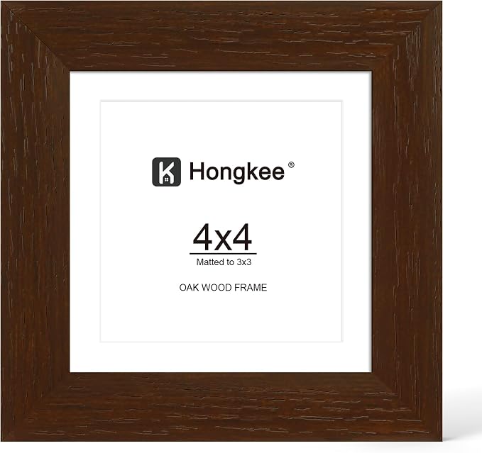 Hongkee 4x4 Oak Wood Picture Frame 1 Pack(Matted 3x3) with Real Glass Cover | Walnut, 4 x 4 Solid Wood Frame for Wall or Tabletop Display - Includes Easel Back, Vertical Hang - Ideal for Home, Office